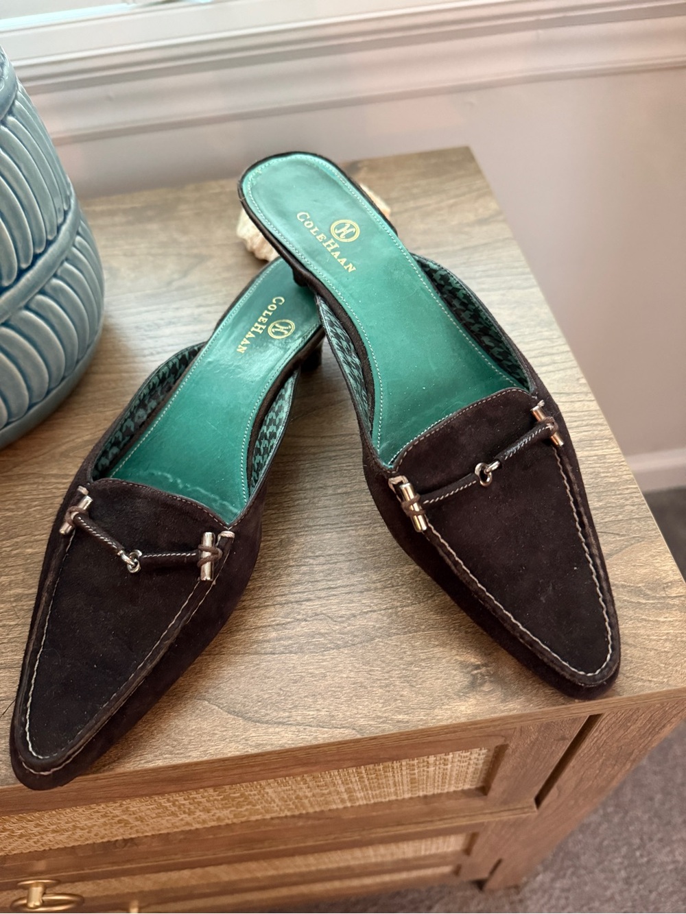 Cole Haan Brown Suede Kitten Heel Mule with Metal Bit